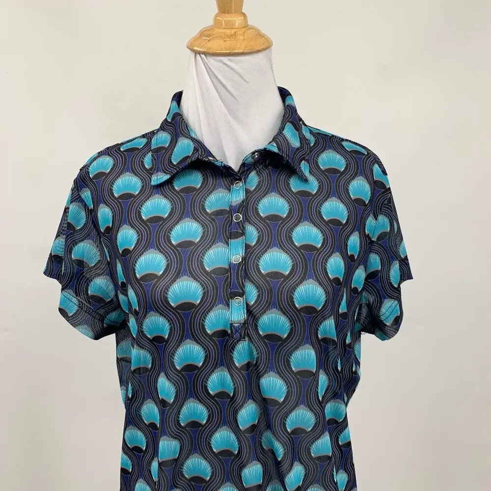 Daily Sports Shirt Women XL Extra Large Peacock Feather Button Placket Mesh Polo